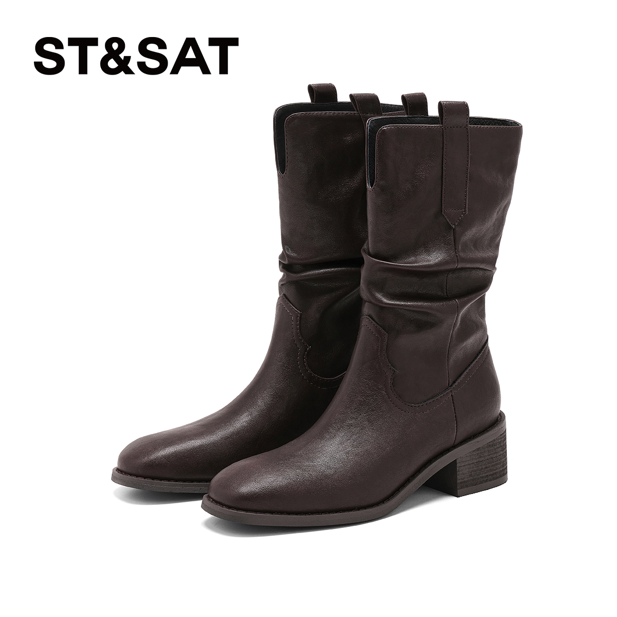 星期六粗跟时尚百搭中筒靴