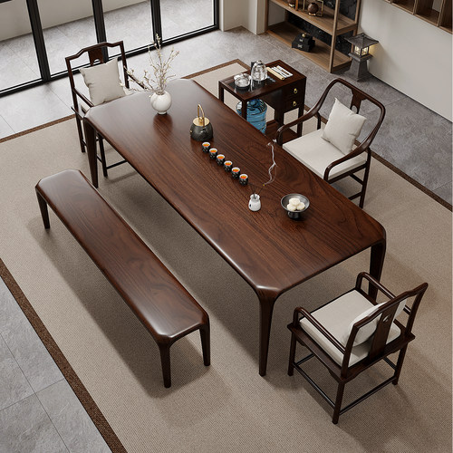 黑胡桃木卯榫全实木茶桌椅组合