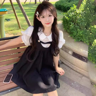 新款 学院风甜美减龄小个子穿搭夏季 宽松假两件娃娃领黑色连衣裙女