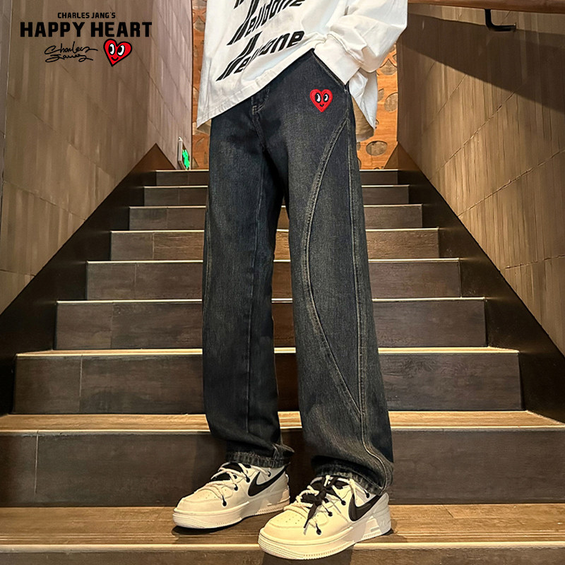 查尔斯桃心 2026年春季新款美式复古曲线拼接直筒水洗牛仔长裤男