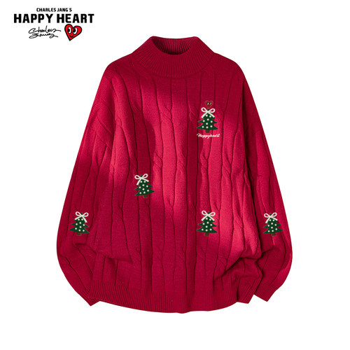 查尔斯桃心圣诞树印花半高领针织衫上衣新款