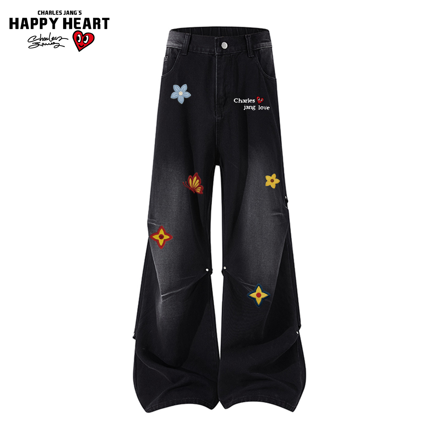 查尔斯桃心 美式花卉印花铆钉褶皱牛仔裤男女款春秋冬季直筒长裤,男装,牛仔裤,淘宝优惠券,粉丝福利购,淘宝优惠卷