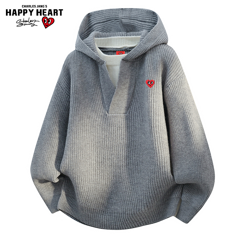 查尔斯桃心美式假两件连帽毛衣男女秋冬慵懒风宽松情侣针织衫外套