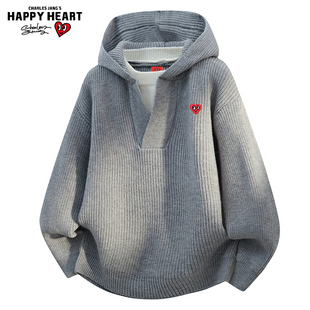 查尔斯桃心美式假两件连帽毛衣男女秋冬慵懒风宽松情侣针织衫外套