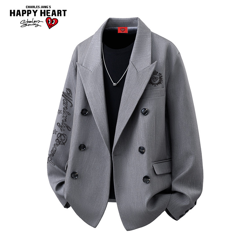 查尔斯桃心 美式西装夹克男女春秋季痞帅百搭字母印花高级感外套