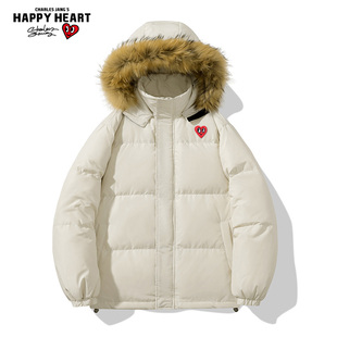 查尔斯桃心美式短款羽绒服男冬季防寒可拆卸毛领连帽保暖加厚外套