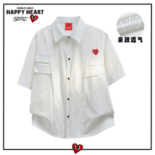 查尔斯桃心结构拼接潮流短袖衬衫T恤男小众设计感半袖衬衣外套ins