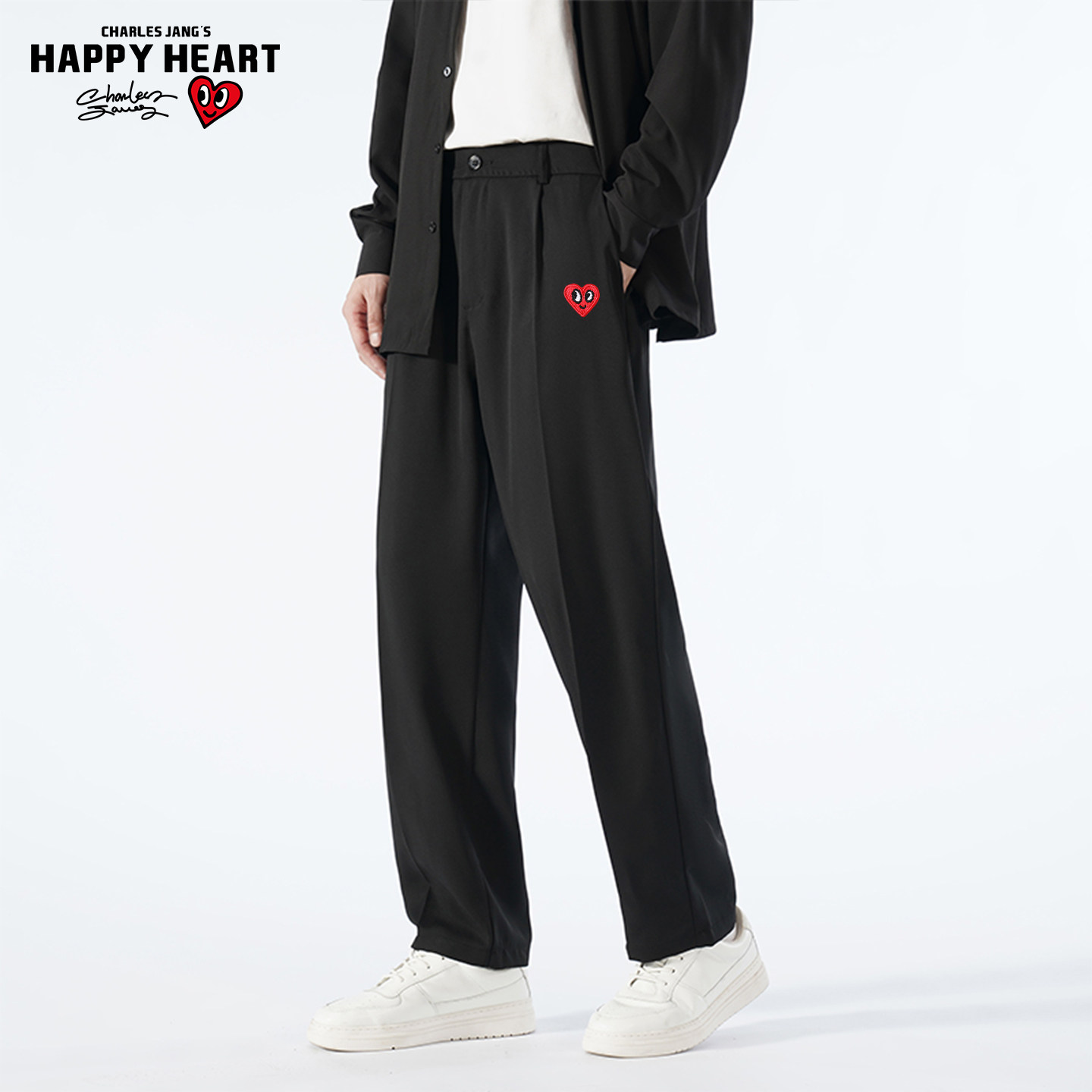 查尔斯桃心 春秋季直筒休闲西裤男士垂感阔腿宽松黑色西装长裤女