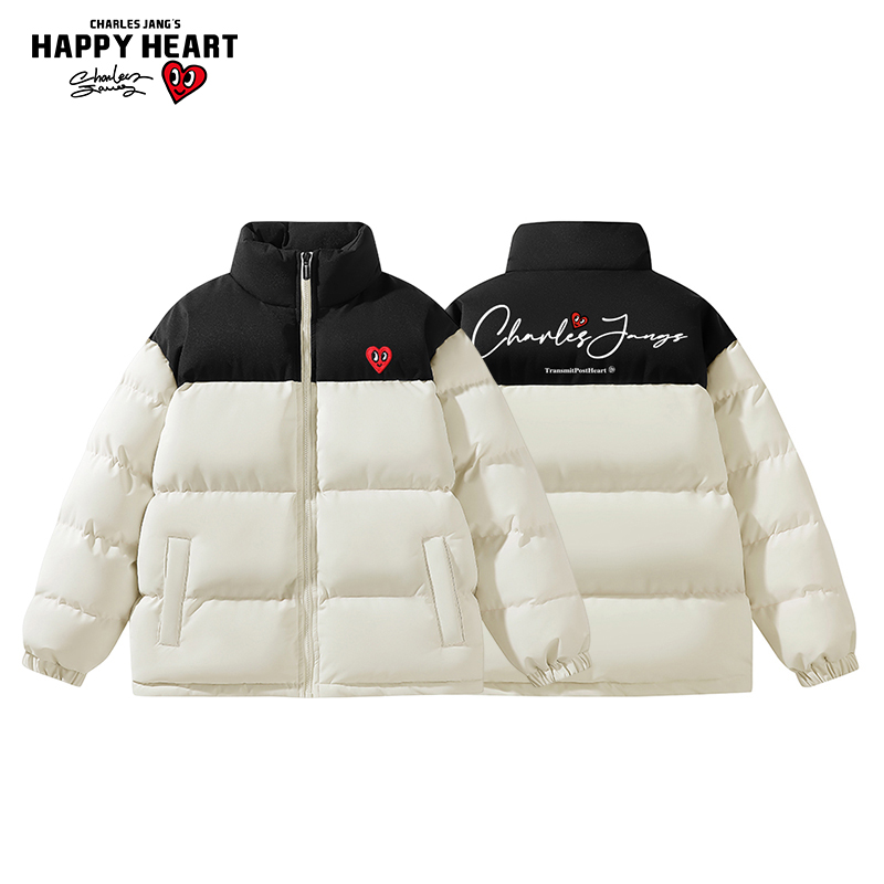 查尔斯桃心美式字母拼色立领棉衣