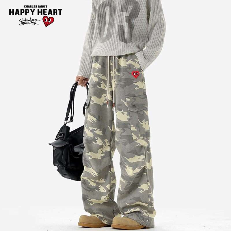 查尔斯桃心美式迷彩口袋工装裤男士秋冬季宽松直筒休闲男生长裤子