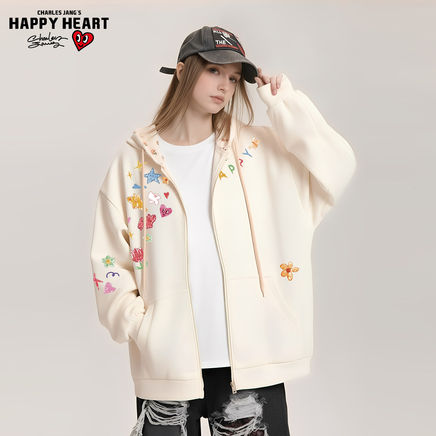 查尔斯桃心卡通涂鸦开衫连帽花卉卫衣男女秋冬季宽松休闲情侣外套