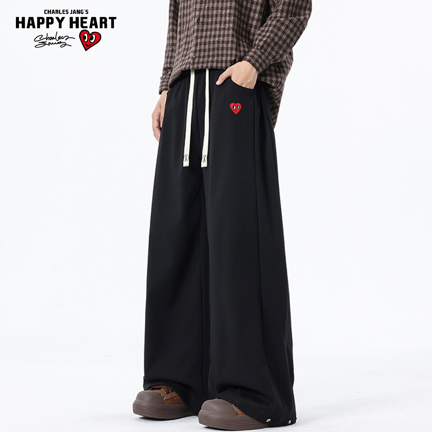 查尔斯桃心裤子男春秋季宽松直筒阔腿裤美式垂感潮牌运动休闲长裤,男装,休闲裤,淘宝优惠券,粉丝福利购,淘宝优惠卷