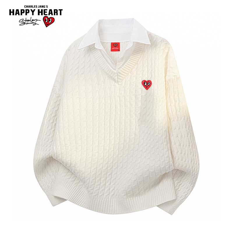 查尔斯桃心假两件衬衫领毛衣男