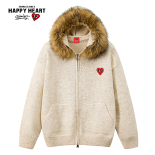 查尔斯桃心美式毛领开衫毛衣男秋冬季新款潮牌百搭连帽针织衫外套