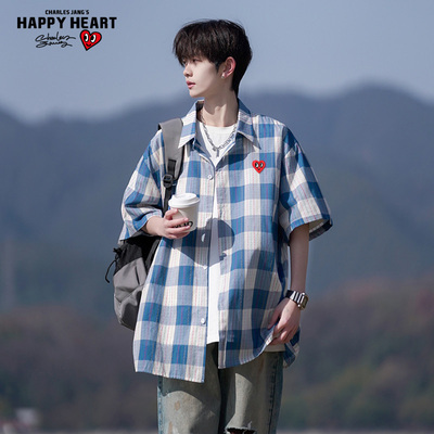 查尔斯桃心撞色格子纯棉短袖衬衫