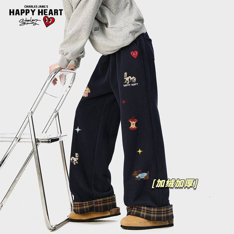 查尔斯桃心小狗印花美式加绒加厚毛呢休闲裤男女冬季直筒卷边卫裤