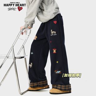 查尔斯桃心小狗印花美式加绒加厚毛呢休闲裤男女冬季直筒卷边卫裤