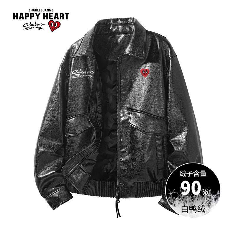 查尔斯桃心90白鸭绒PU皮羽绒服男