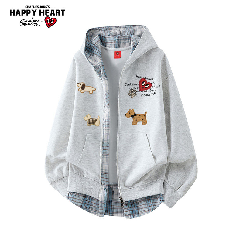 查尔斯桃心可爱小狗印花拼接格子连帽开衫卫衣男女款秋冬加绒外套