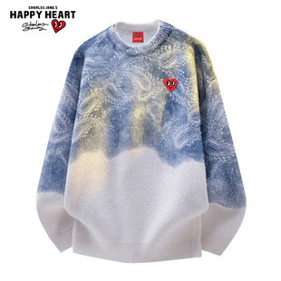 查尔斯桃心 秋冬设计ins毛衣冬季扎染腰果花圆领宽松保暖针织衫