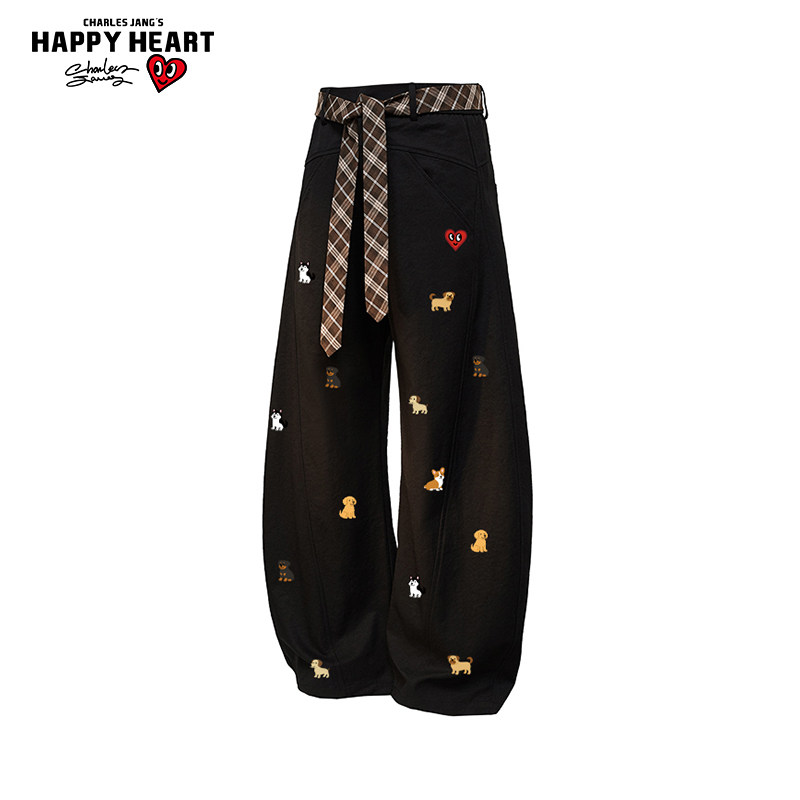 查尔斯桃心小狗印花弯刀裤加绒春秋冬季新款男女宽松休闲直筒裤子