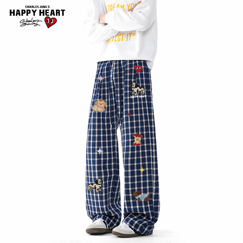 查尔斯桃心 宠物狗印花格子裤子男女春秋季新款宽松直筒休闲长裤