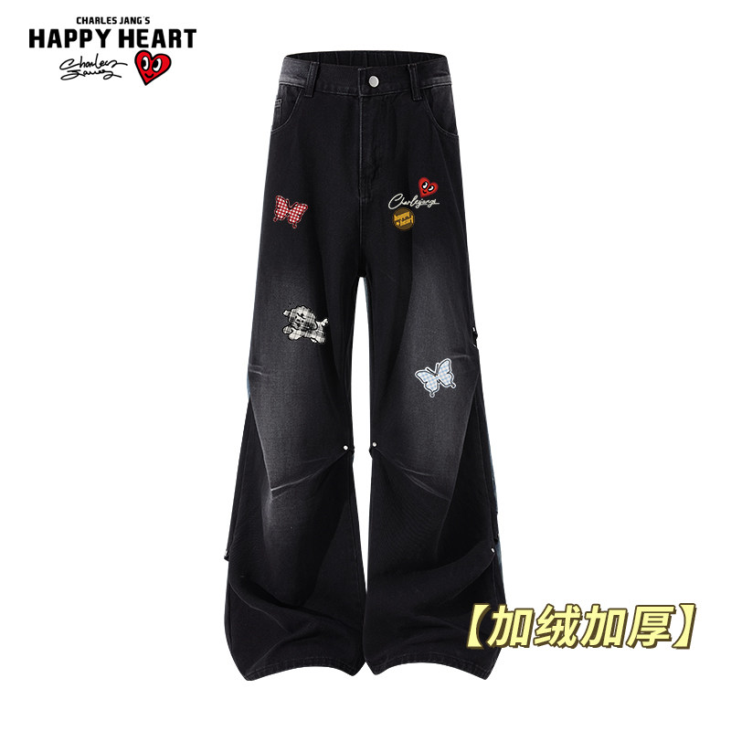 查尔斯桃心 美式蝴蝶印花铆钉褶皱牛仔裤男女款春秋冬季直筒长裤