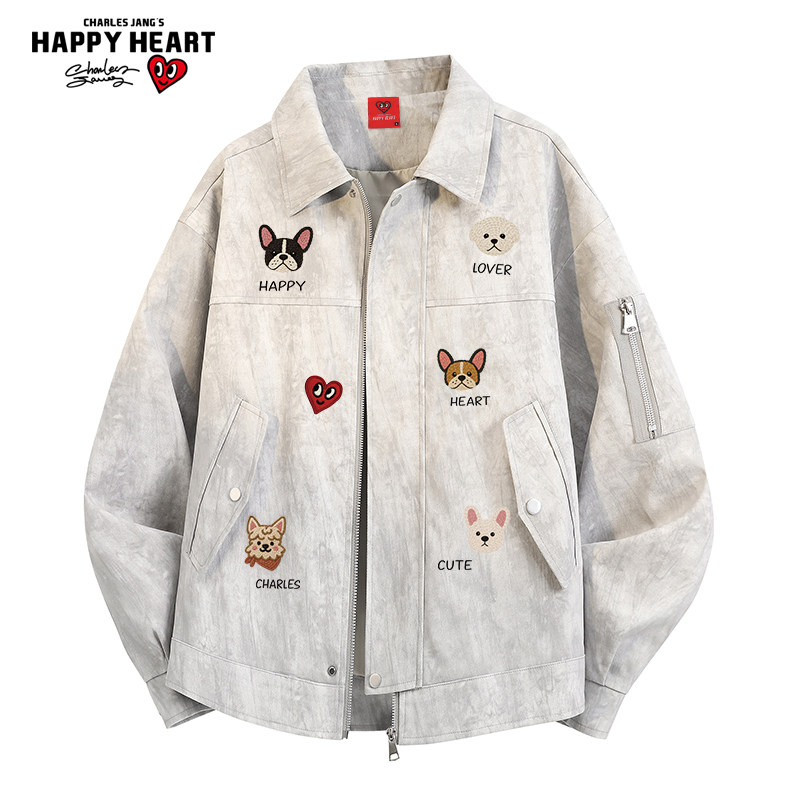 查尔斯桃心 美式复古扎染夹克翻领宠物印花宽松百搭情侣休闲外套