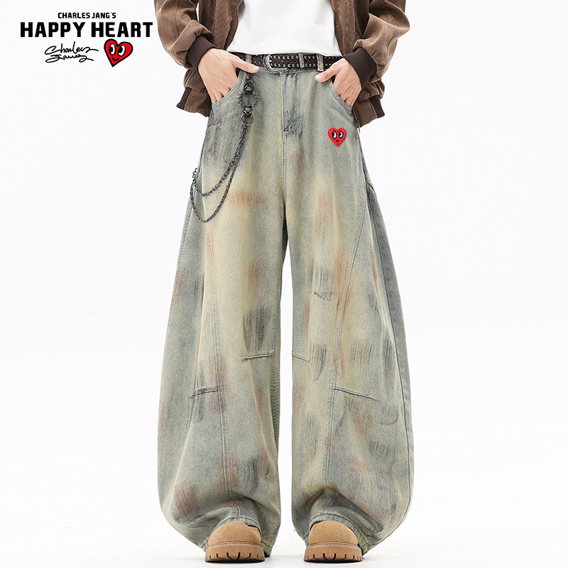 查尔斯桃心美式废土风弯刀牛仔裤男秋冬季宽松脏染直筒阔腿长裤子