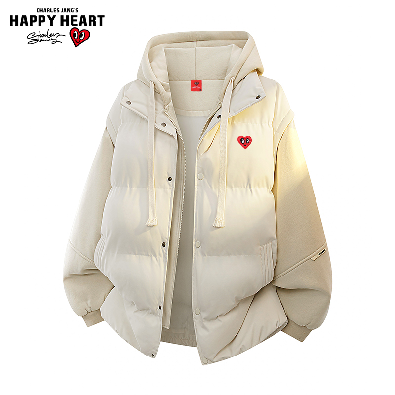 查尔斯桃心 假两件拼接连帽棉衣男女冬季加厚百搭情侣面包服外套