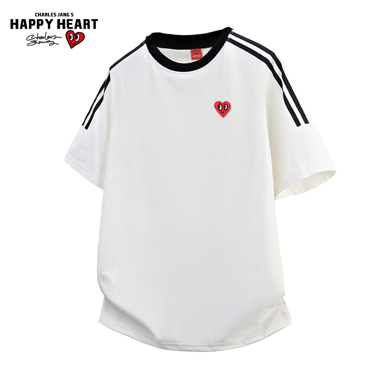 查尔斯桃心新款美式圆领短袖T恤男夏季撞色条纹爱心刺绣情侣上衣