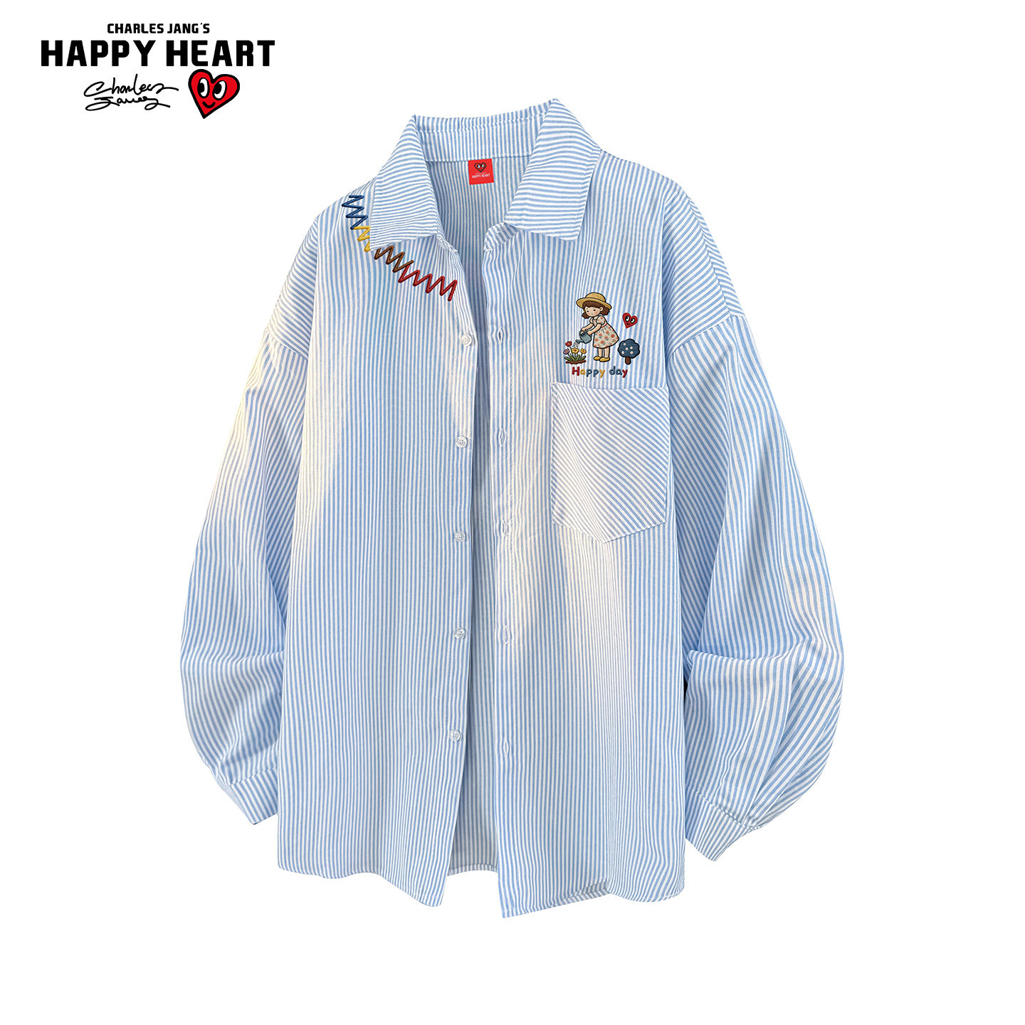 查尔斯桃心卡通印花条纹长袖衬衫男女春上新休闲少年感衬衣外套