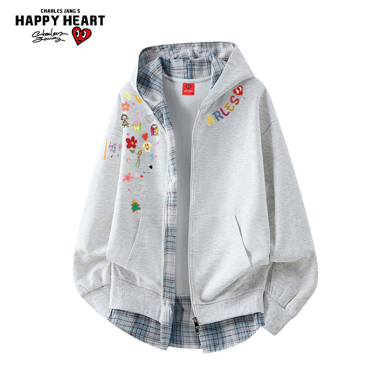 查尔斯桃心卡通涂鸦假两件格子开衫卫衣男女秋冬休闲情侣连帽外套