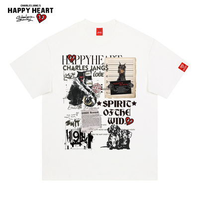查尔斯桃心 美式复古潮流小狗印花纯棉圆领休闲短袖t恤男情侣同款