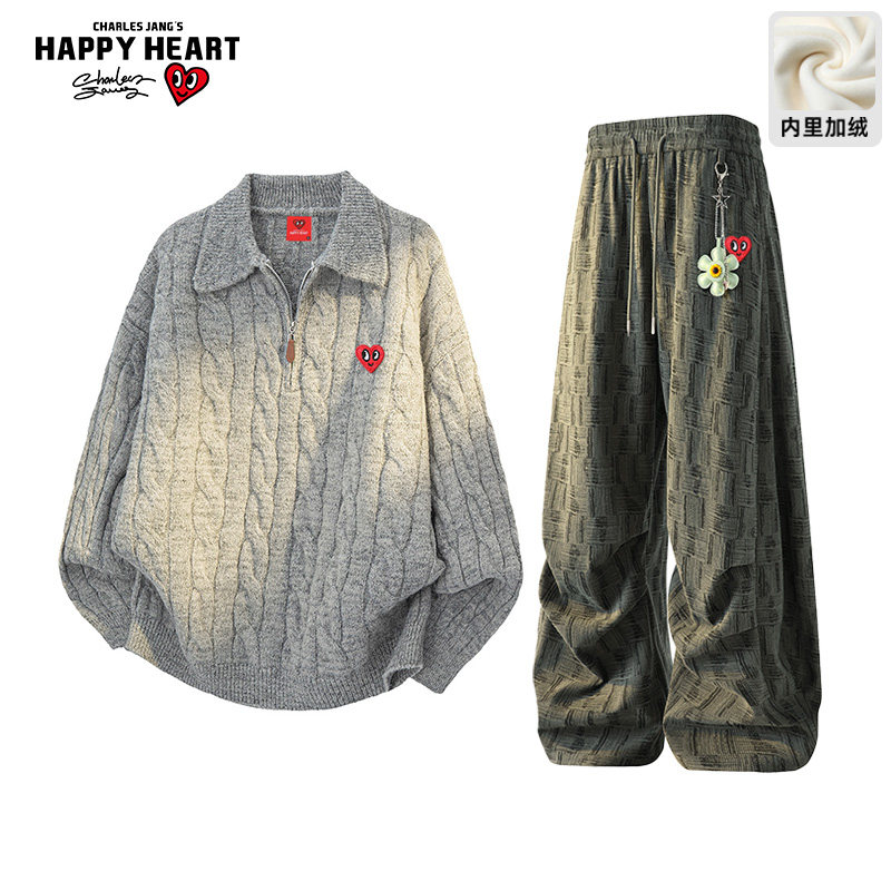 查尔斯桃心半拉链毛衣套装男女冬季新款加厚加绒直筒休闲裤两件套,男装,休闲运动套装,淘宝优惠券,粉丝福利购,淘宝优惠卷