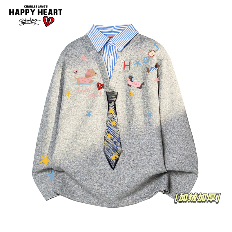 查尔斯桃心学院风领带假两件衬衫领加绒卫衣男秋冬季休闲情侣上衣