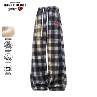 查尔斯桃心复古毛呢格纹休闲裤男加绒保暖冬季爱心刺绣直筒长裤子