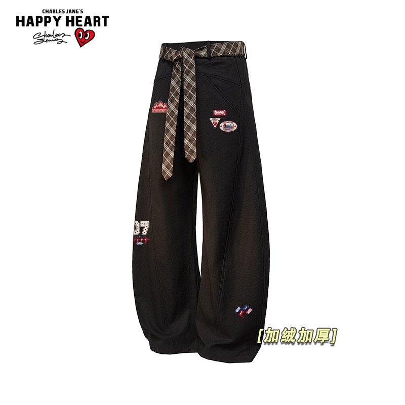 查尔斯桃心美式休闲弯刀裤男女冬季新款加绒加厚直筒情侣长裤子潮