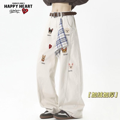 查尔斯桃心美式小狗弯刀裤男女冬季加绒加厚宽松阔腿工装休闲长裤