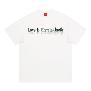 查尔斯桃心 倒影字母印花短袖T恤男夏季薄款潮牌纯棉情侣落肩半袖
