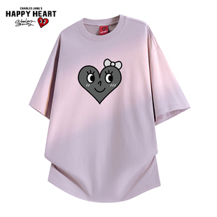 查尔斯桃心美式纯棉爱心印花短袖t恤男夏季新款潮牌情侣百搭上衣