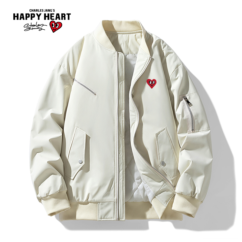 查尔斯桃心美式复古冬季新款情侣棒球领机车飞行员加厚棉服外套男