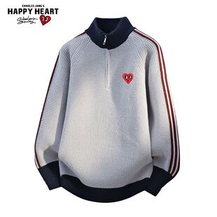 查尔斯桃心秋冬拉链撞色新款半高领宽松毛衣打底针织衫情侣外套