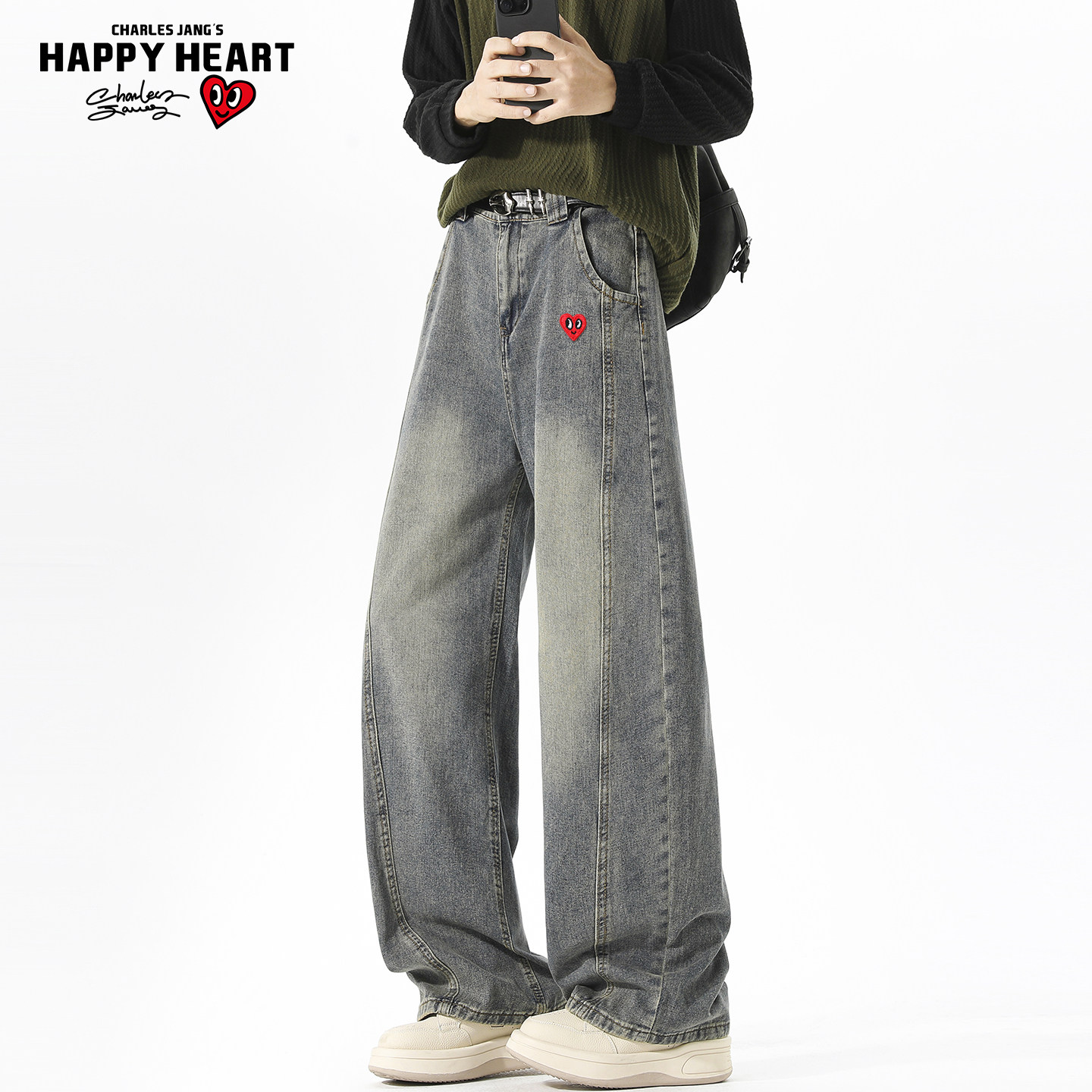 查尔斯桃心美式解构拼接弯刀牛仔裤男春秋宽松复古潮牌阔腿长裤子,男装,牛仔裤,淘宝优惠券,粉丝福利购,淘宝优惠卷