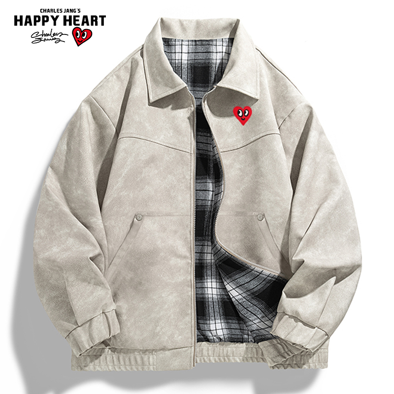 查尔斯桃心春秋季新款双面穿废土风立领拼色格子皮夹克男机车外套