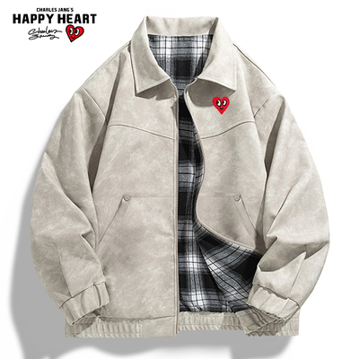 查尔斯桃心春秋季新款双面穿废土风立领拼色格子皮夹克男机车外套