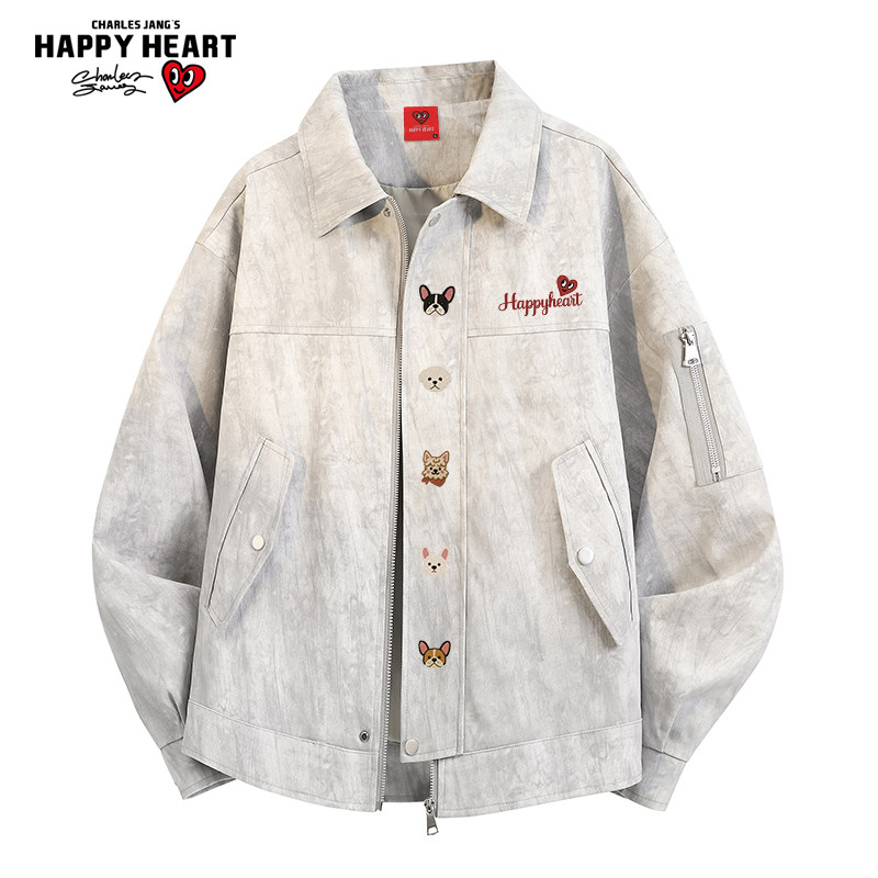 查尔斯桃心 美式扎染宠物印花翻领夹克春秋季情侣款百搭休闲外套