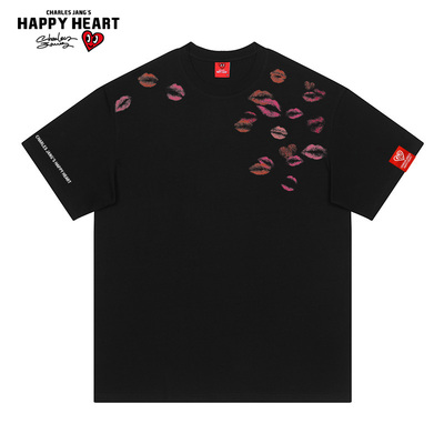 查尔斯桃心美式唇印印花短袖男女
