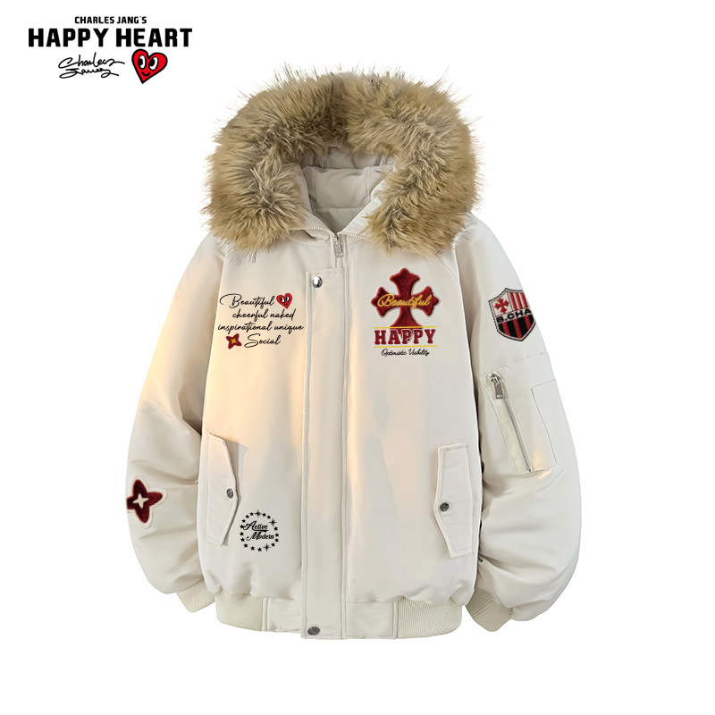 查尔斯桃心徽章印花毛领棉服男冬季新款宽松休闲百搭加厚情侣外套,男装,棉衣,淘宝优惠券,粉丝福利购,淘宝优惠卷