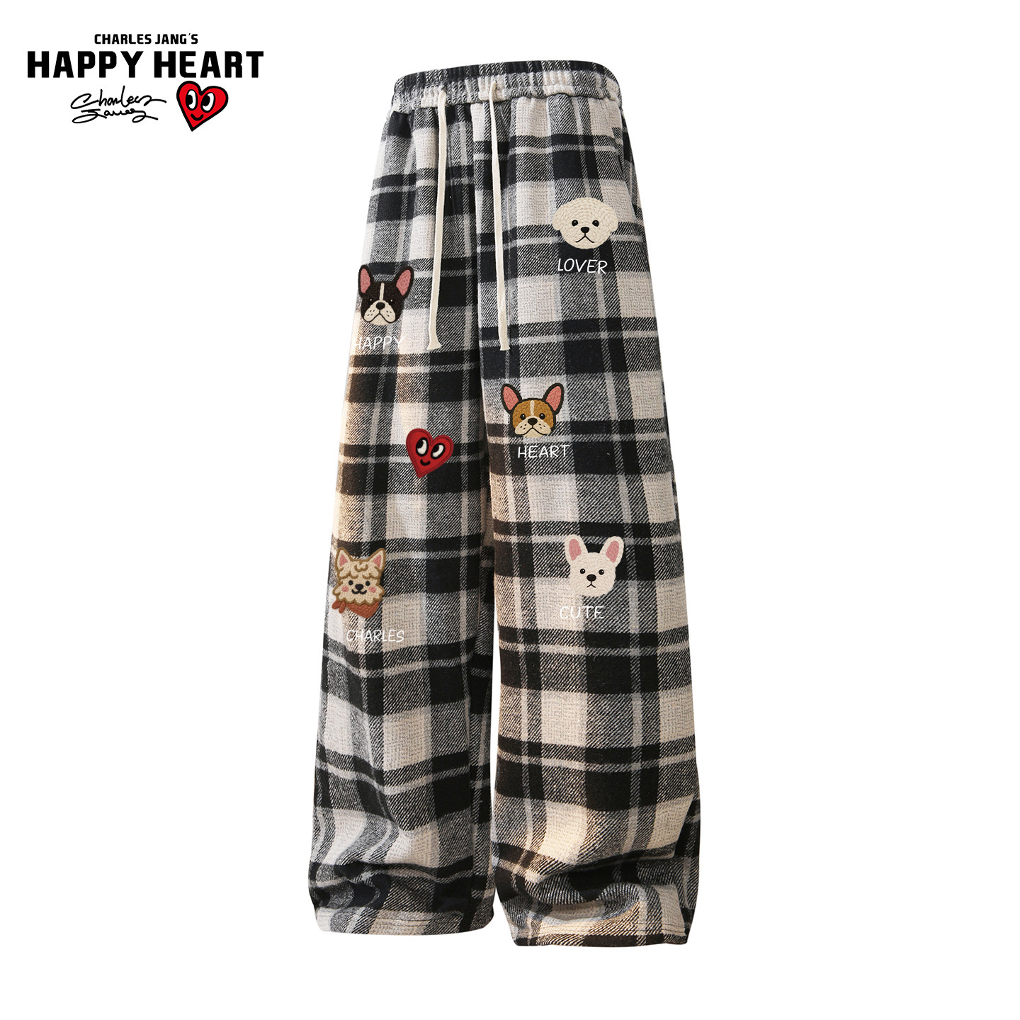 查尔斯桃心美式小香风休闲裤男春秋季小狗印花拼色格纹阔腿长裤子